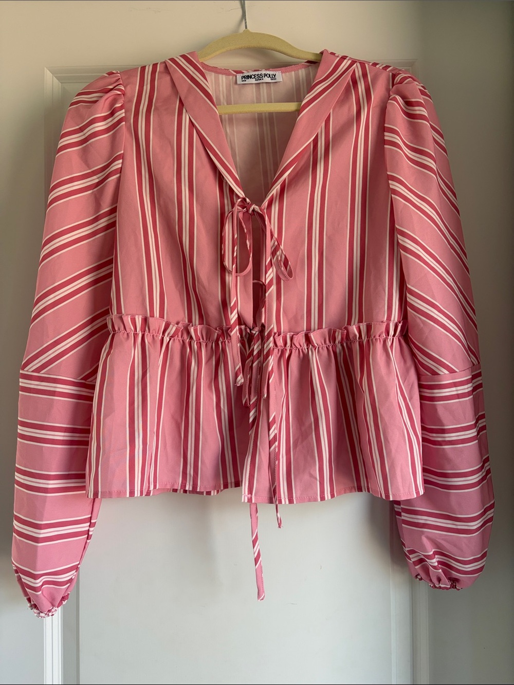 Princess Polly Pink and White Striped Tie-Front Peplum Blouse